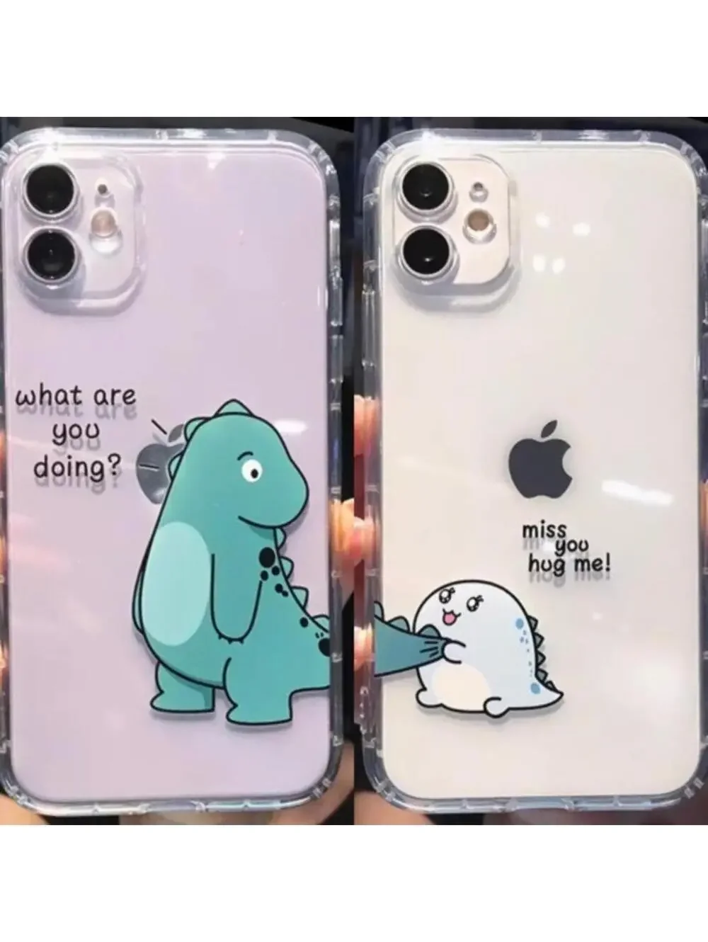 Cute Cartoon Dinosaur Clear iPhone 12/11/XR/XS/X/8/7 Phone Case Cover SET OF 2